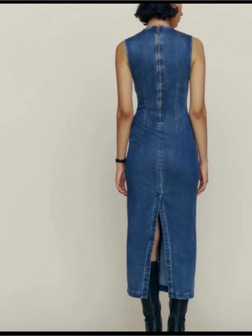 Reformation Sleeveless Denim Midi Dress in Blue with Black Belt - Picture 2 of 8